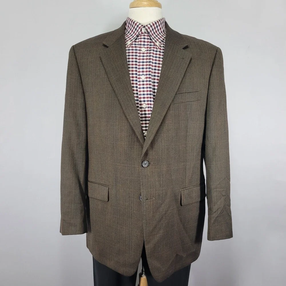 Izod Men's Sport‎ Coat Blazer Two Button Brown Herringbone Plaid Wool Size 44R